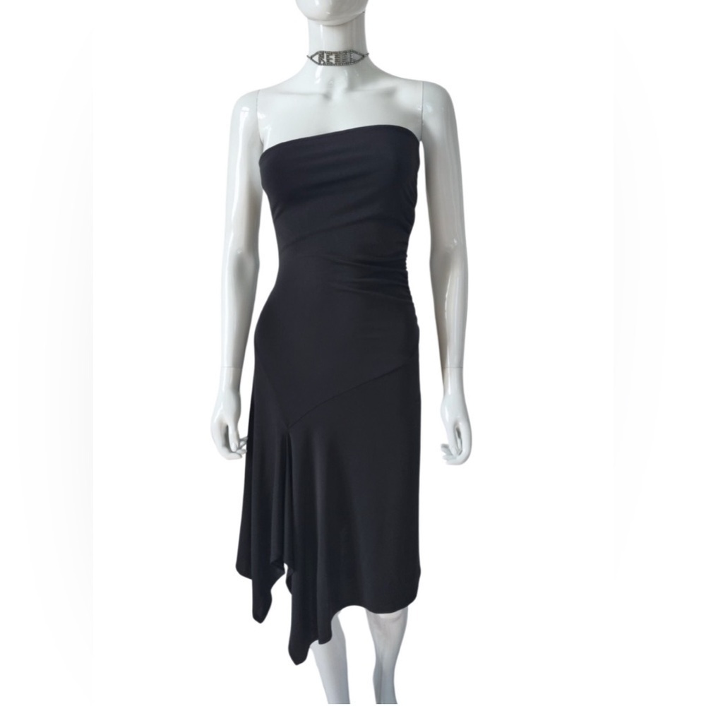 vintage y2k black bandeau asymmetric paneled bodycon midi dress